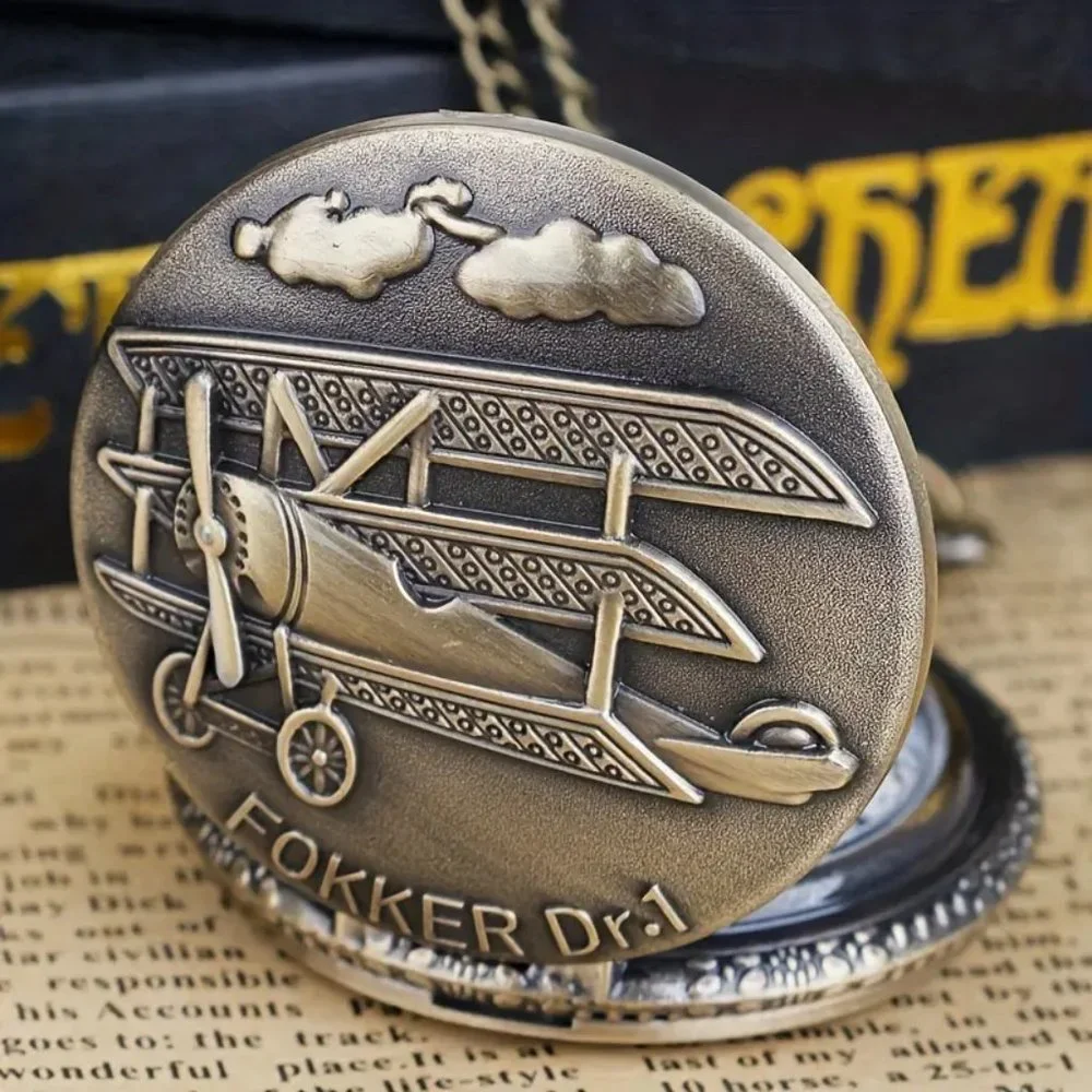 Fokker Dr.I Plane Antique Bronze Pocket Watch with Chain Necklace Unique